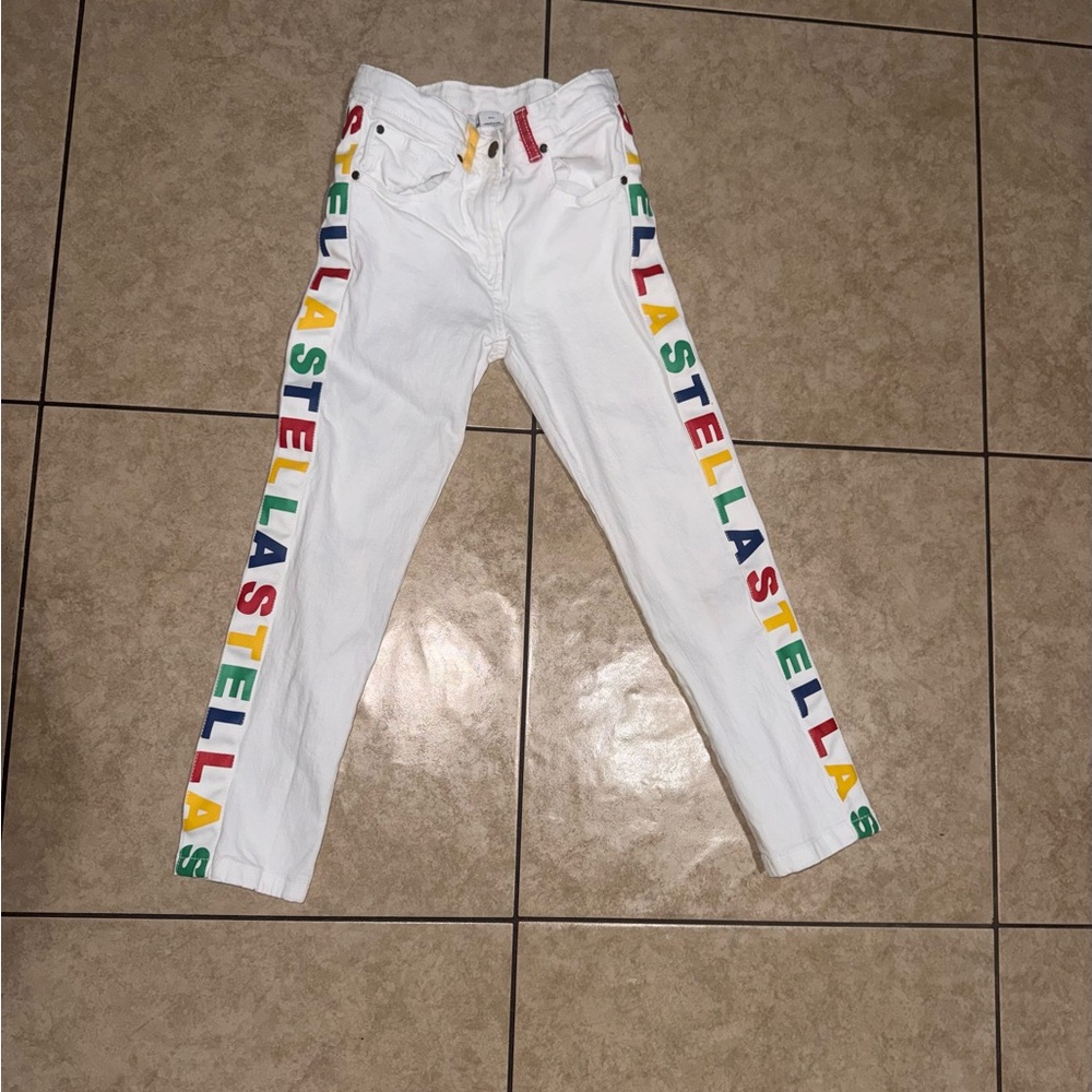 Stella McCartney Kids Girls 10Y White Jeans with Multicolor Side Seam Lettering